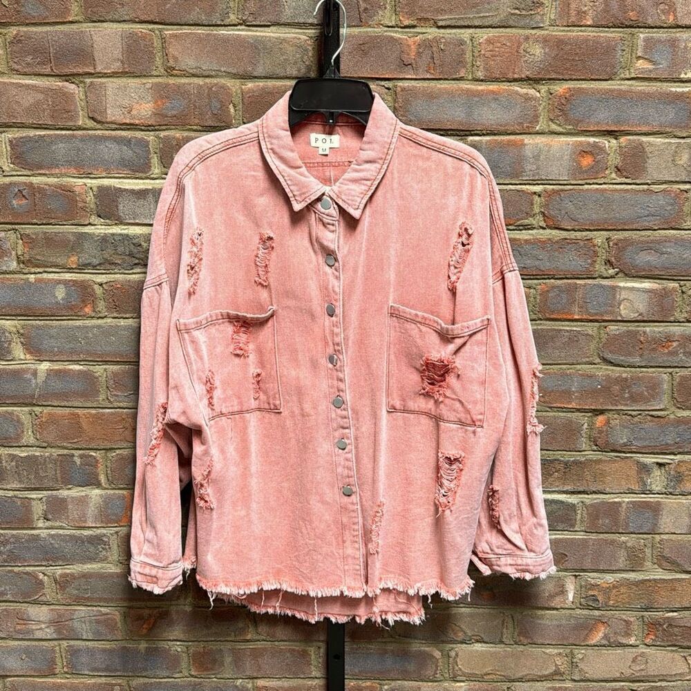 POL Women’s Distressed Denim Shacket Jacket Top Size Medium - Picture 4 of 10